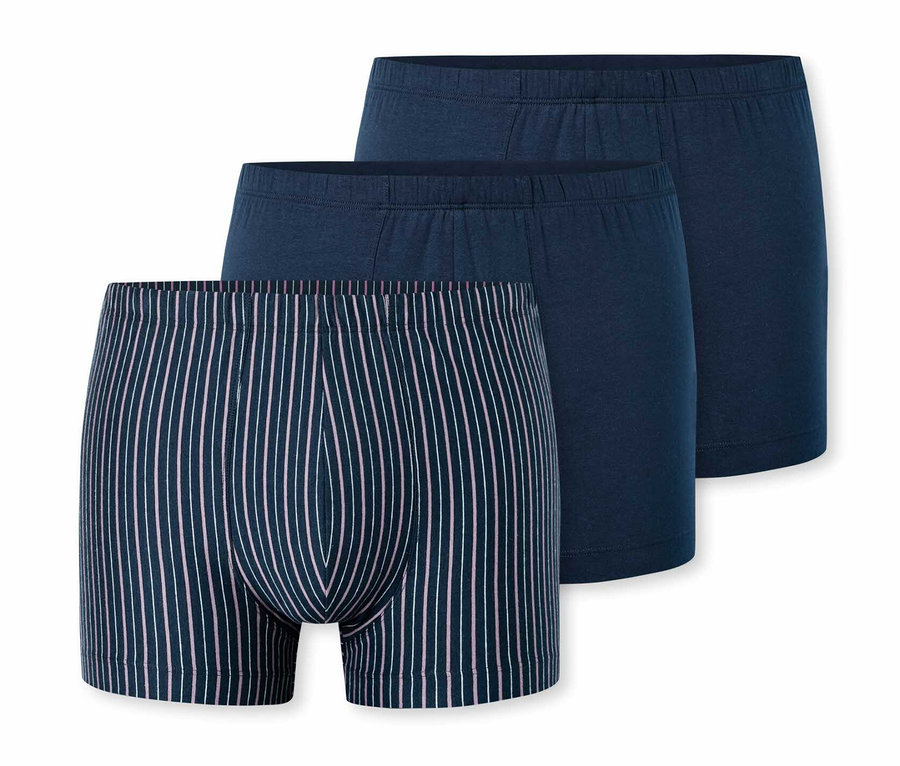 Tři kusy slipů s nohavičkou SCHIESSER v tmavě modré barvě, jedny se vzorem proužků.
