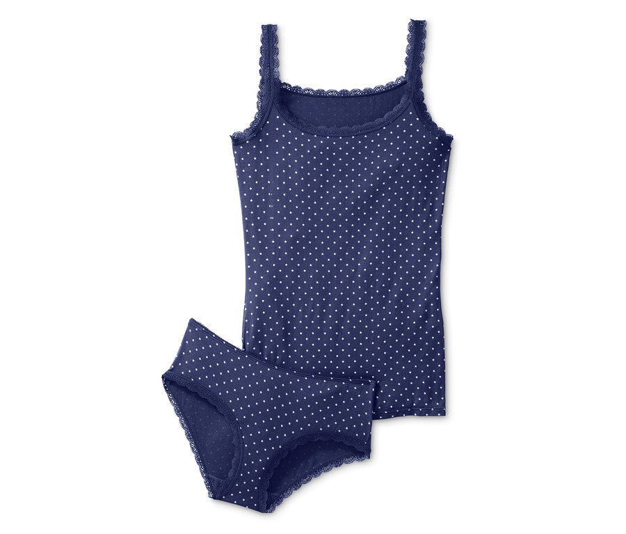 Sada košilky a kalhotek tmavě modré barvy s bílými puntíky.