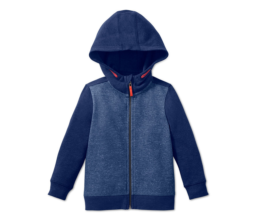 Modrá mikina se zipem a kapucí.