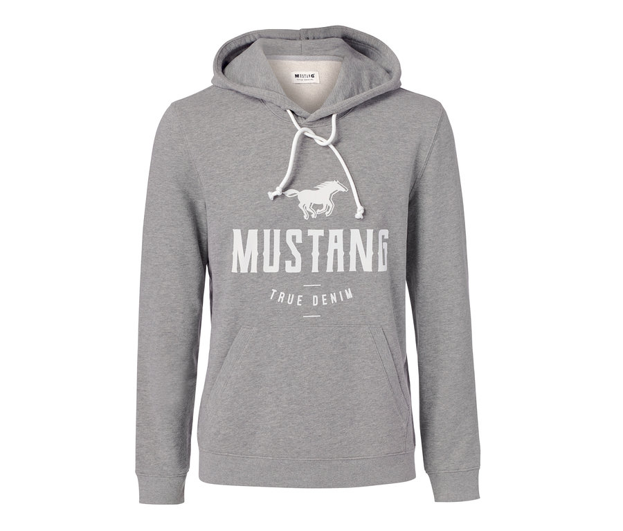 Šedá mikina s kapucí Mustang s bílým logem koně a nápisem.