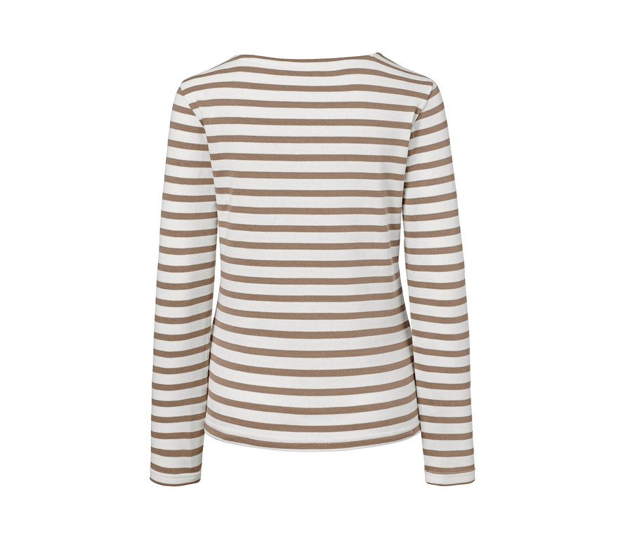 Pohled zezadu na triko s dlouhým rukávem z biobavlny v béžové a bílé kombinaci.