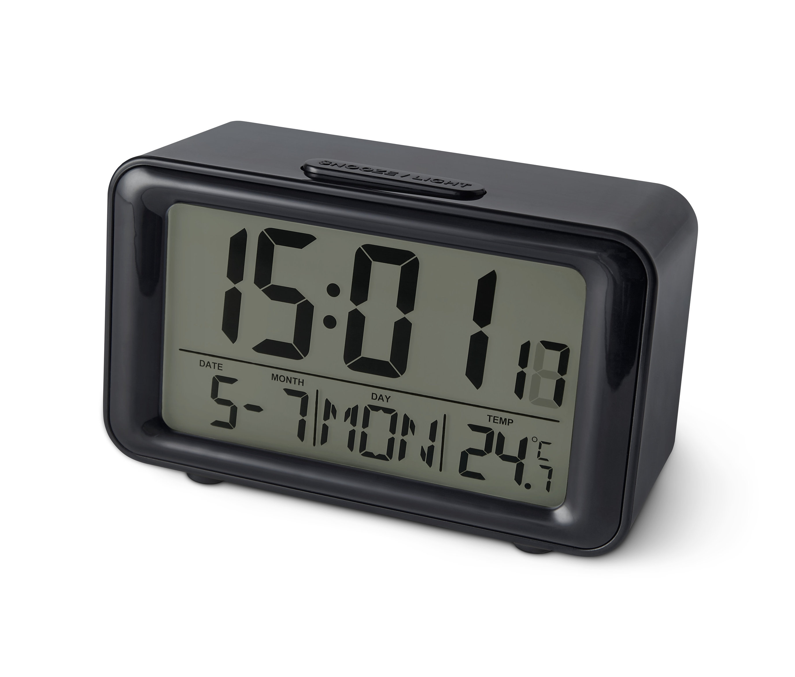 Černý digitální LCD budík řízený rádiovým signálem zobrazuje čas 15:01.