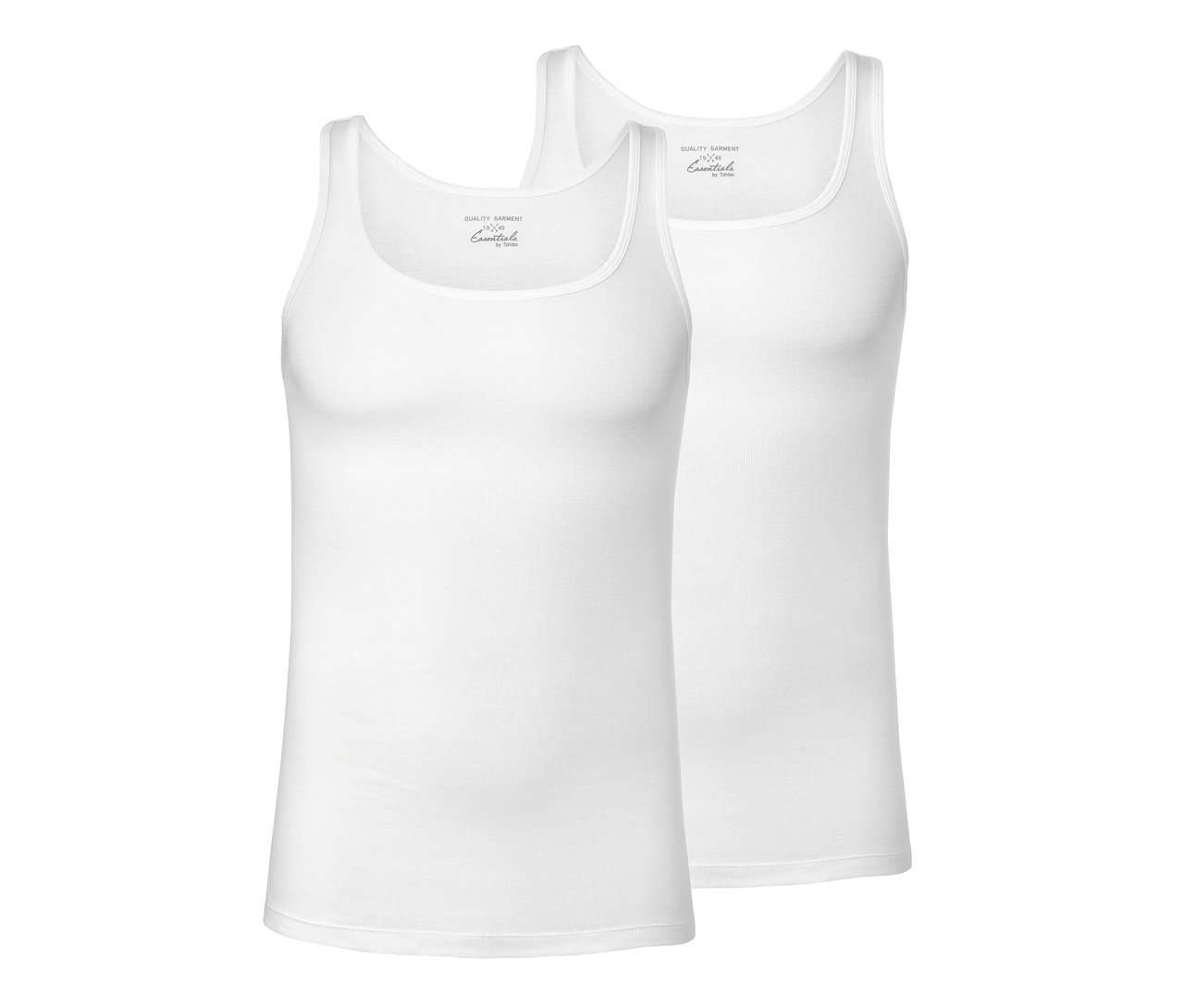 Dvě bílá tílka z jemného žebrovaného úpletu.