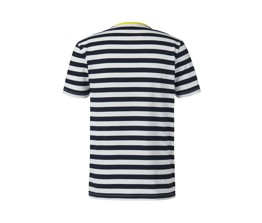 Pohled zezadu na tričko s kulatým výstřihem, 2 ks, s námořnickým a bílým pruhovaným vzorem.