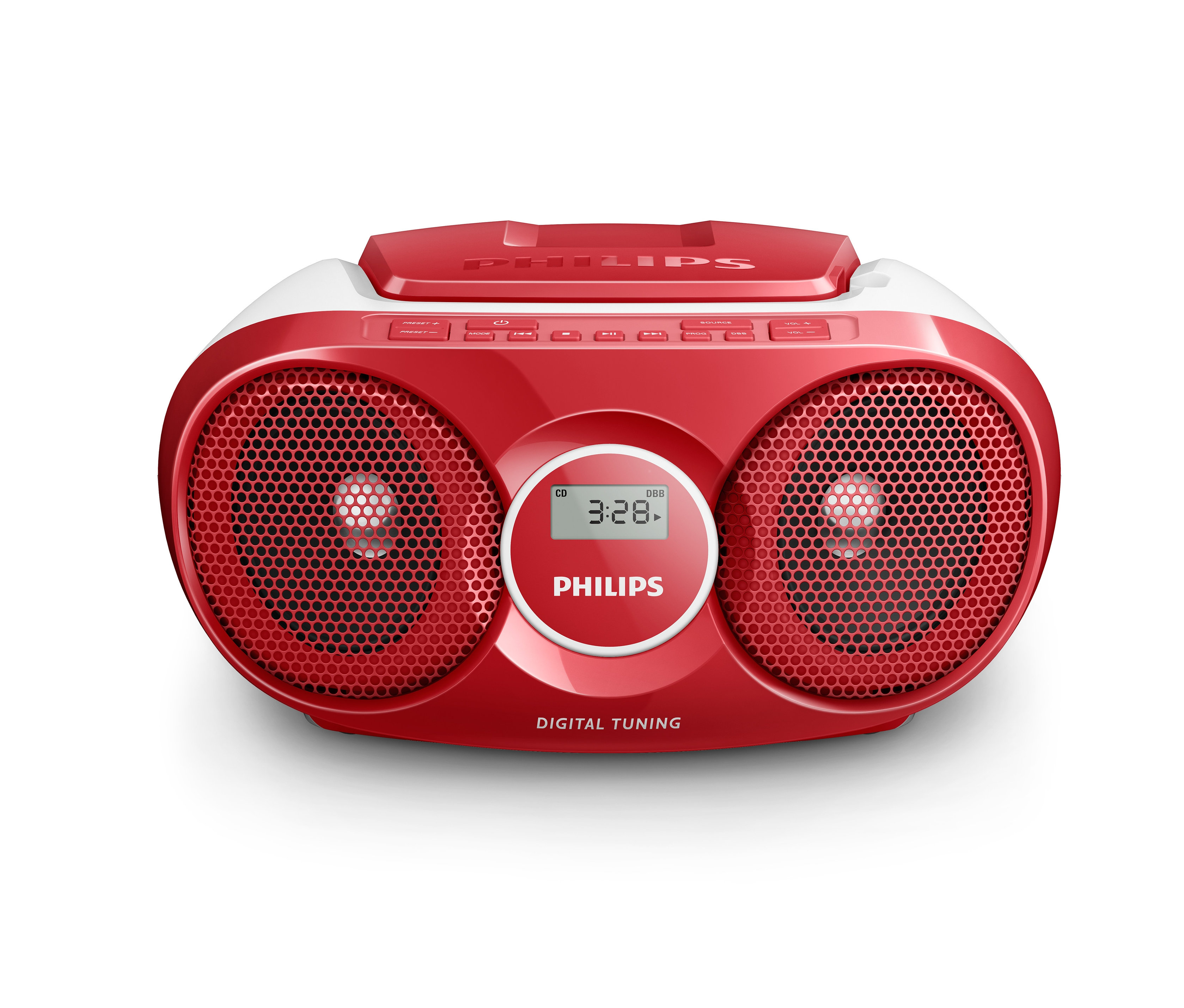 Červený přenosný CD přehrávač Philips AZ215R CD Boombox s displejem.
