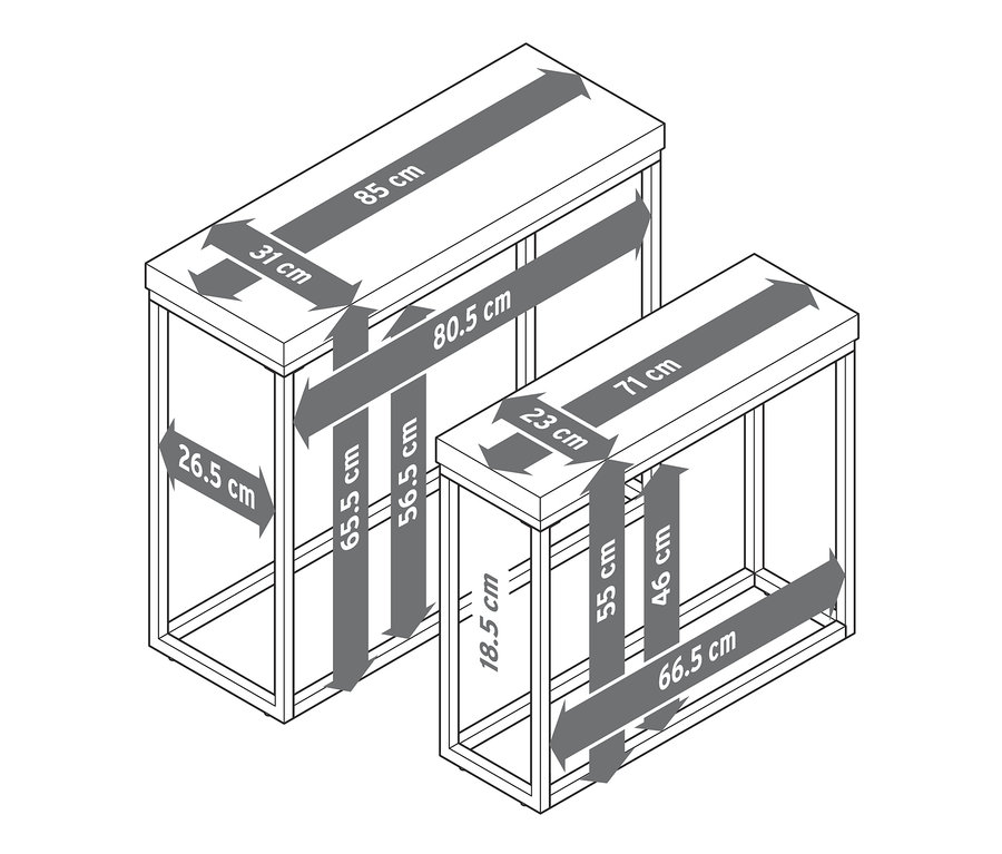 Dva konzolové stolky s betonovými deskami a rozměry uvedené šipkami.