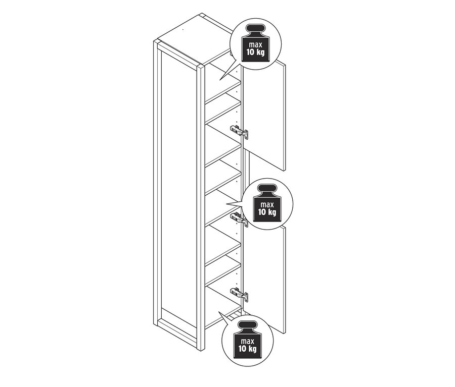 Náčrt vysoké koupelnové skříňky s otevřenými dvířky a policemi.