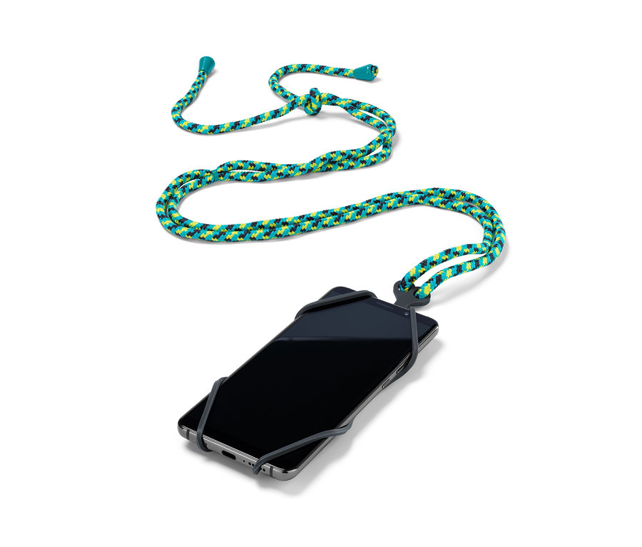 Černý smartphone s barevným popruhem na smartphone.