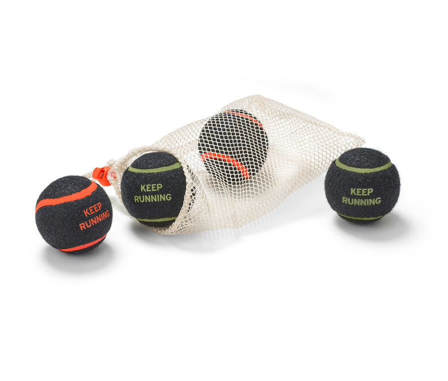 Čtyři míčky na hraní pro psy jsou částečně vysypané z bílé síťované tašky.