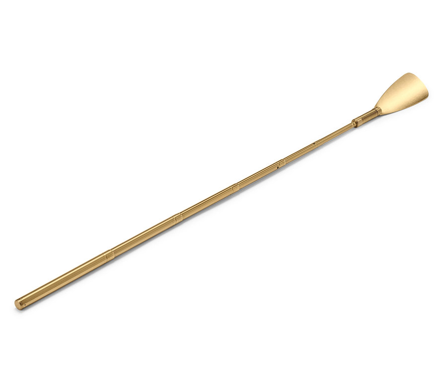 Zlatá teleskopická lžíce na boty na bílém pozadí.