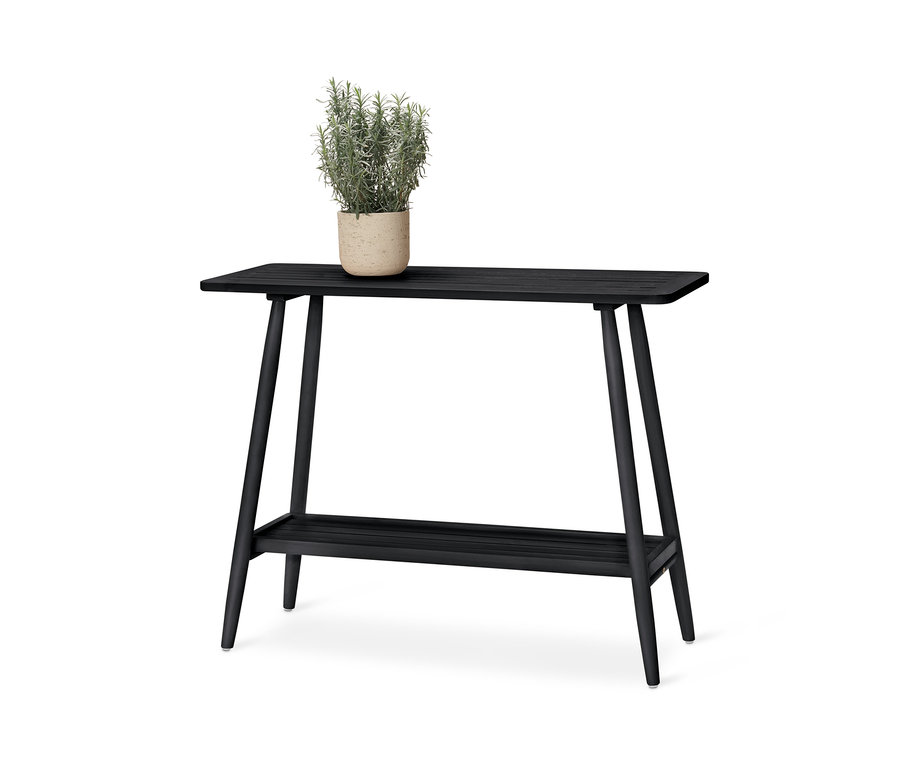 Černý stolek se dvěma policemi a květináčem s rostlinou.