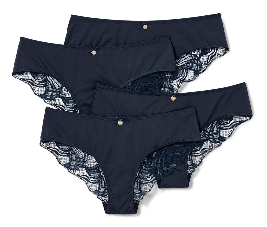 Čtyři tmavě modré brazilské kalhotky s krajkou.