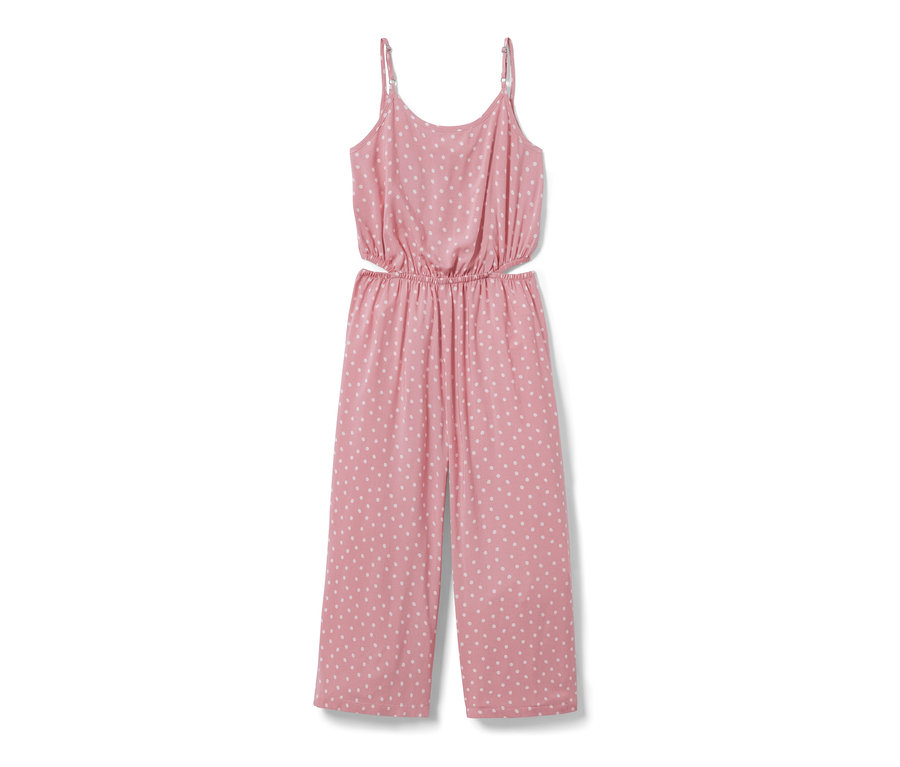 Růžový dívčí tkaný overal v 7/8 délce s bílými puntíky.