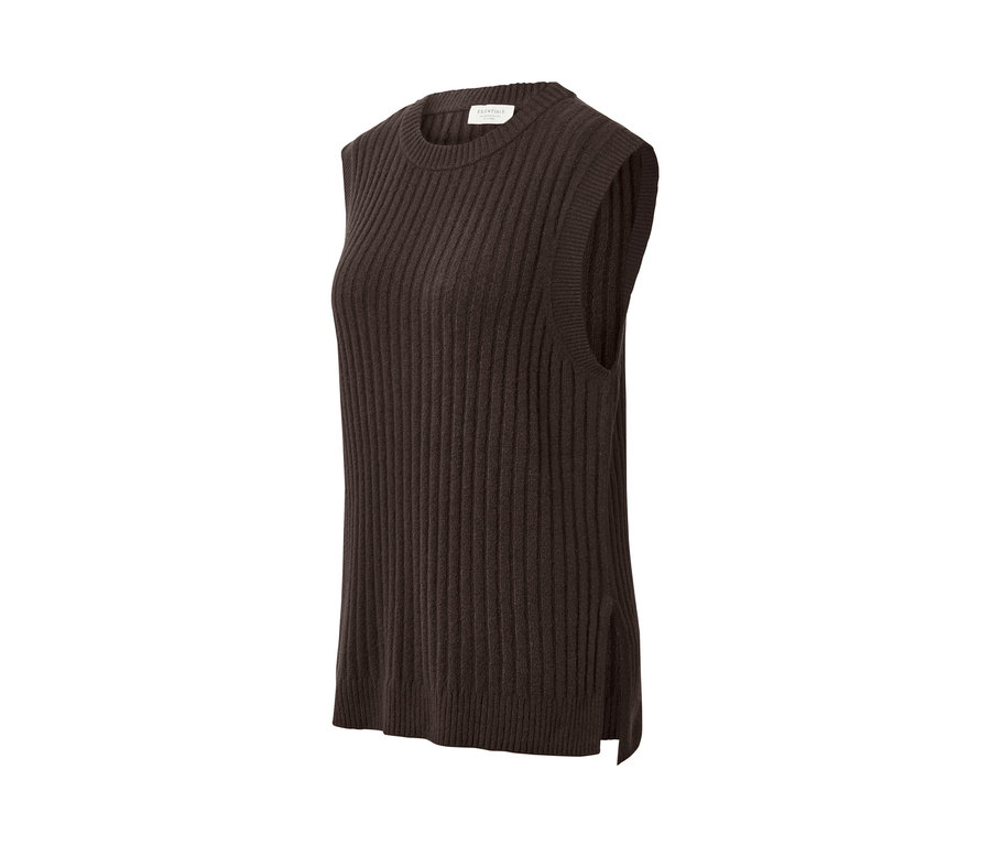 Hnědá pletená vesta s žebrovaným vzorem.