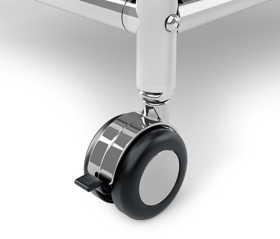 Detail kolečka bílého kovového kontejneru na kolečkách CN3 se 3 dvířky.