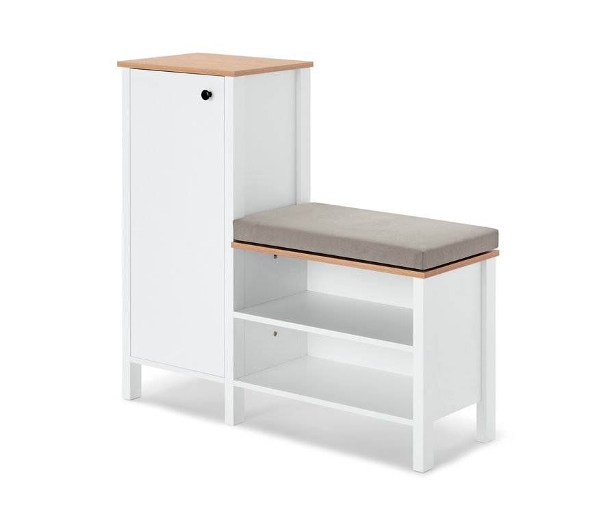 Bílá lavice s botníkem a šedým polštářem na sezení.