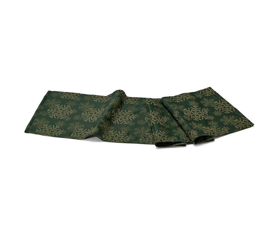 Zelený žakárový běhoun na stůl se vzorem sněhových vloček.