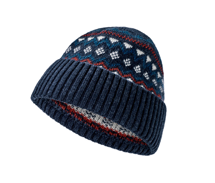 Modrá pletená čepice s vlnou s certifikací RWS.