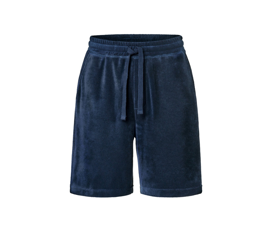 Modré froté šortky.