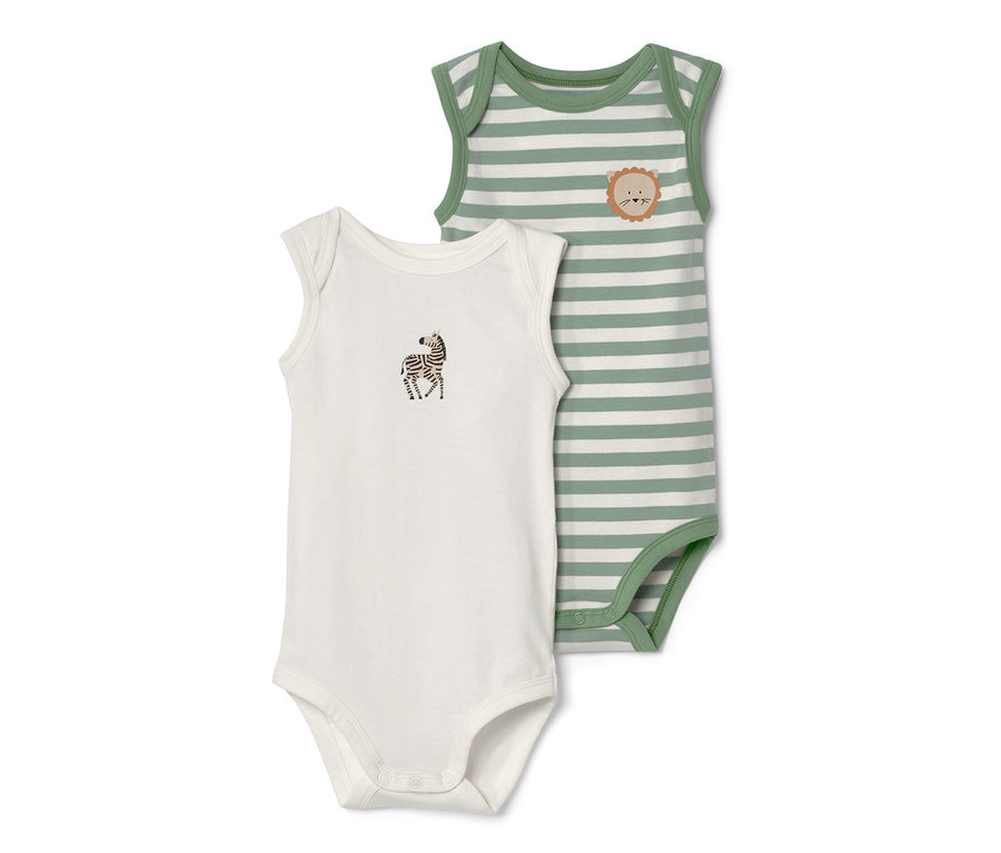 Dvě rostoucí body pro miminka: Jedno bílé s potiskem zebry, druhé zelené s proužky a lvíčkem.