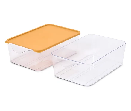 Dva průhledné úložné boxy, jeden s oranžovým víkem.