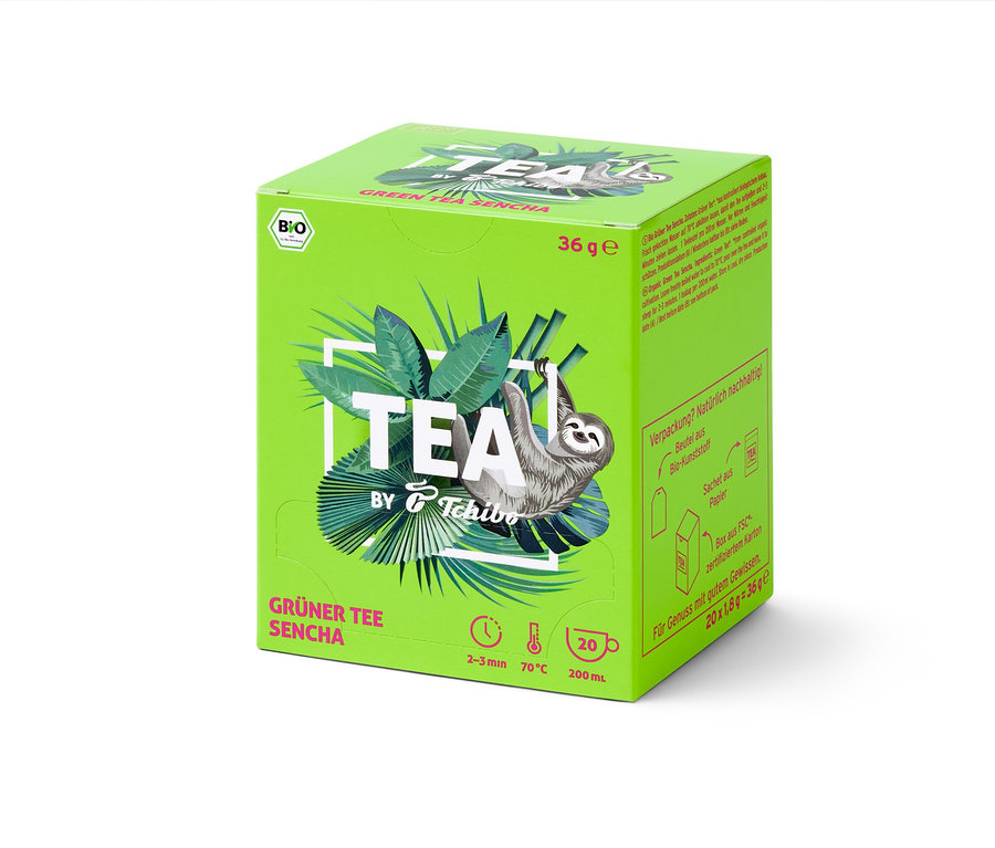 Zelený obal BIO čaje TEA by Tchibo Sencha s obrázkem lenochoda.