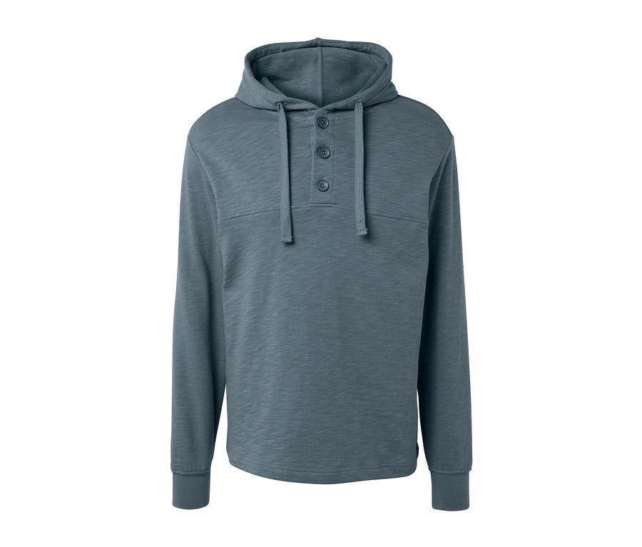 Šedá mikina s kapucí s knoflíky.
