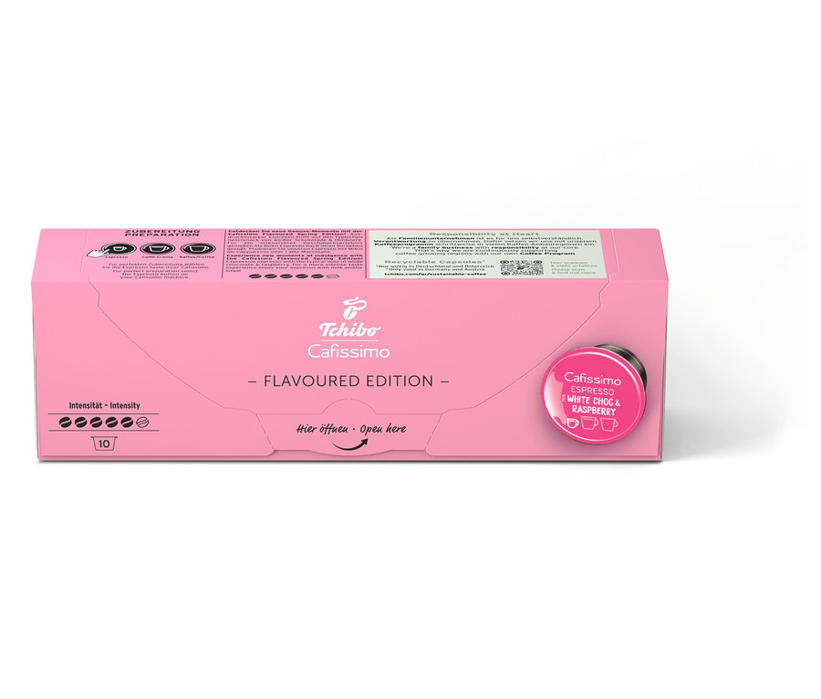 Balení 10 kapslí Cafissimo Flavoured Espresso – White Choc & Raspberry.