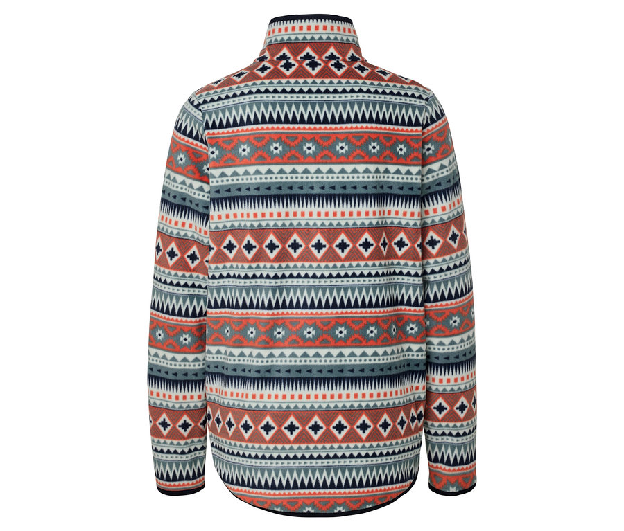 Zadní pohled na fleecovou mikinu se vzorem v odstínech bílé, modré a oranžové.