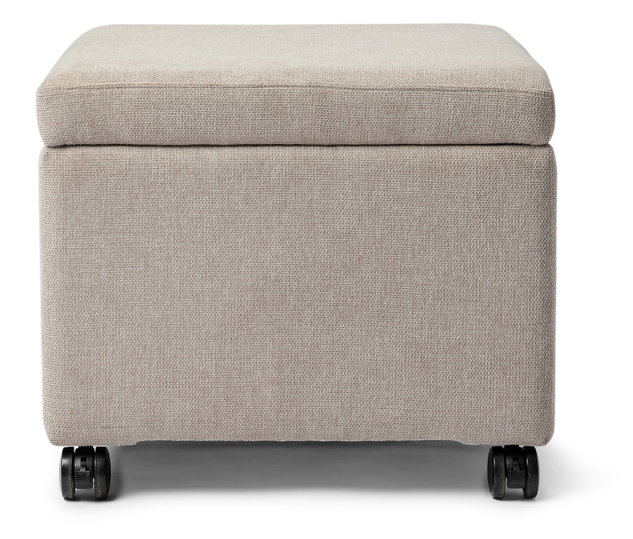 Béžová čtvercová taburetka s kolečky.