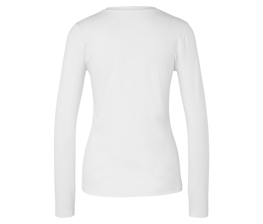 Bílý dámský top s dlouhým rukávem, pohled zezadu.