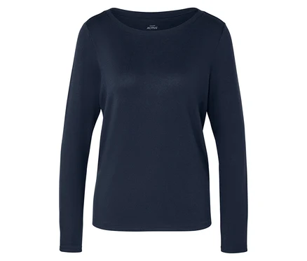Tmavě modré Langarm-Sportshirt »supersoft« leží na bílém pozadí.