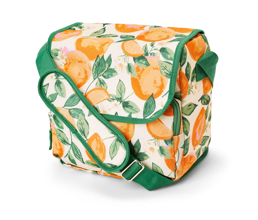Chladicí minitaška s potiskem citrusů a zeleným lemováním.