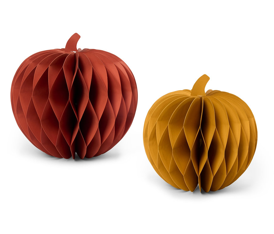 Dvě dekorativní dýně z voštinového papíru, jedna hnědočervená a druhá hořčicově žlutá.