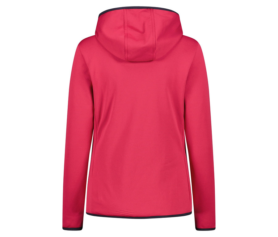 Zadní pohled na růžovou mikinu s kapucí.