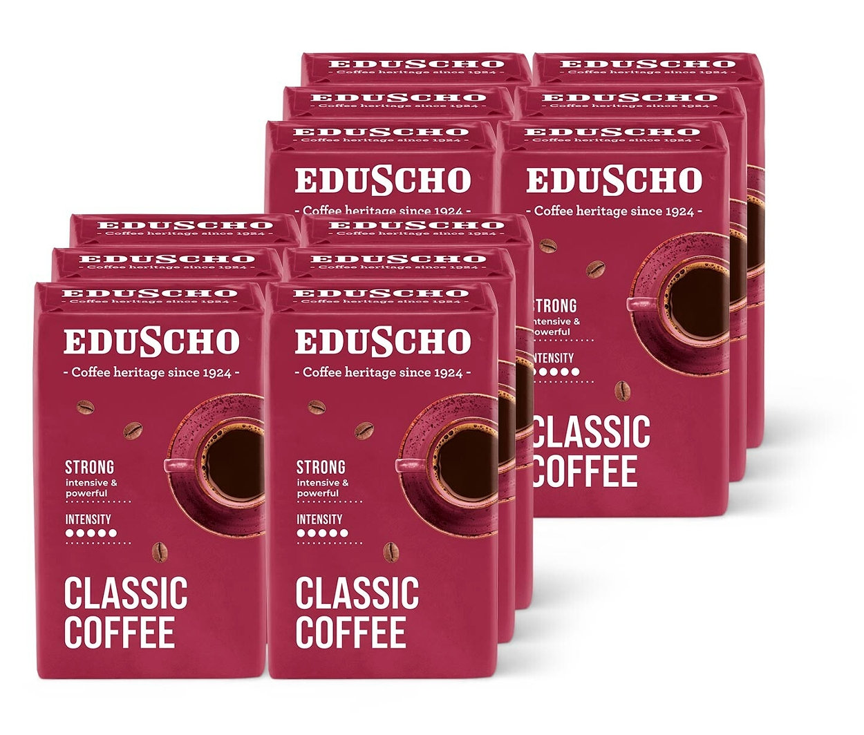 Balíčky mleté kávy Eduscho Classic jsou uspořádány v několika řadách.
