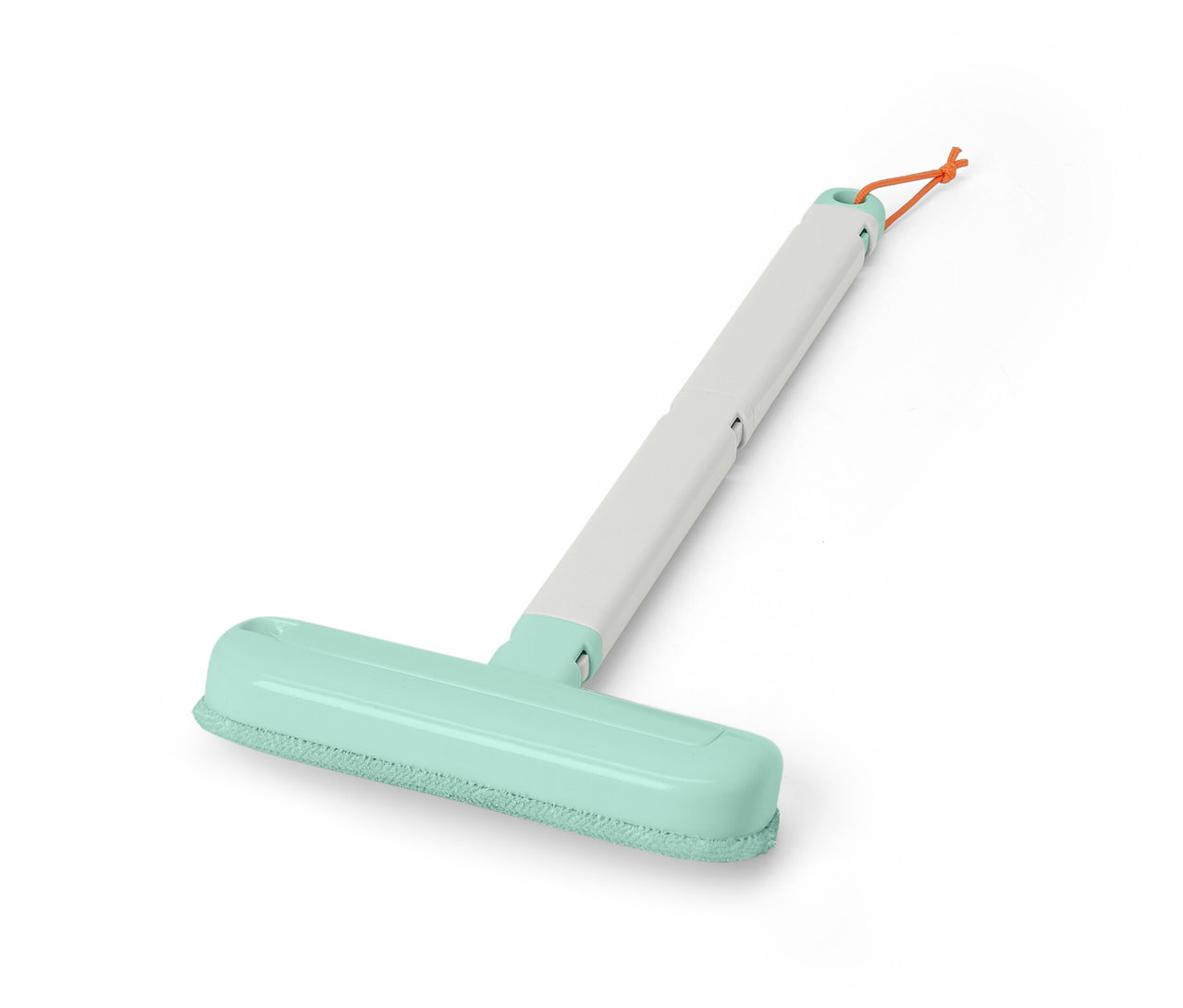 Kartáč na čištění textilií 4 v 1 s bílou rukojetí a světle modrou čisticí hlavou.