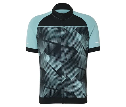 Cyklistický dres s geometrickým vzorem v černé a tyrkysové barvě.