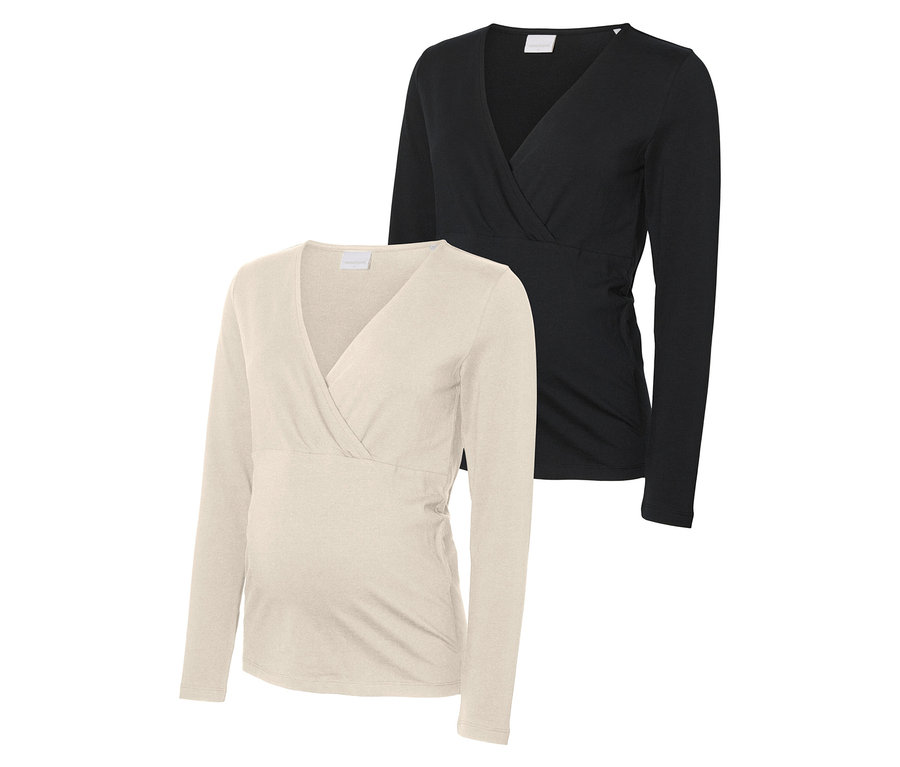 Dvě těhotenské halenky MAMALICIOUS MLKERRIE TESS LS JRS TOP 2-P NOOS, jedna béžová a jedna černá.
