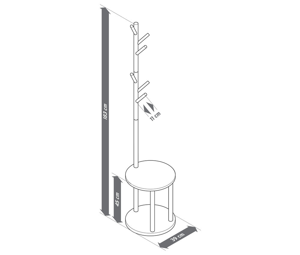 Obrázek znázorňuje stojan na šaty s policí a rozměry.