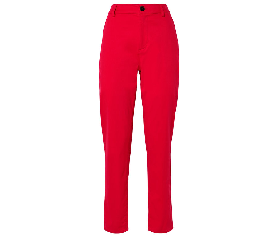 Červené látkové kalhoty s vysokým pasem a zapínáním na knoflík.