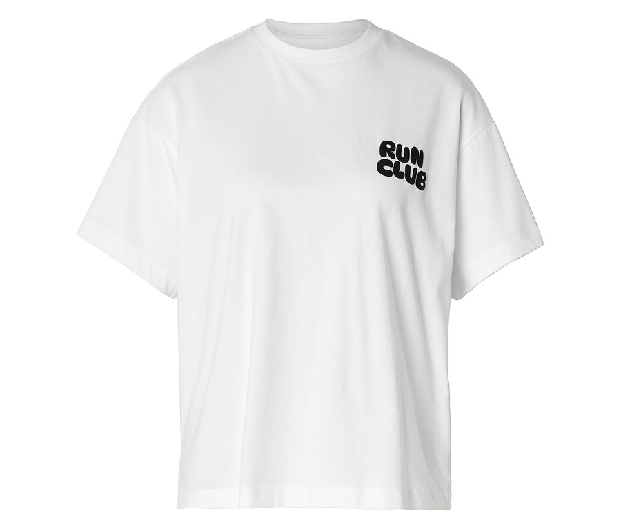 Bílé sportovní tričko s krátkým rukávem a černým nápisem "RUN CLUB" na hrudi.