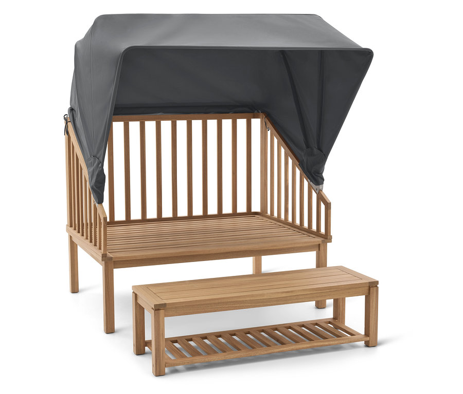 Dřevěné lehátko se šedým baldachýnem a odpovídající lavicí