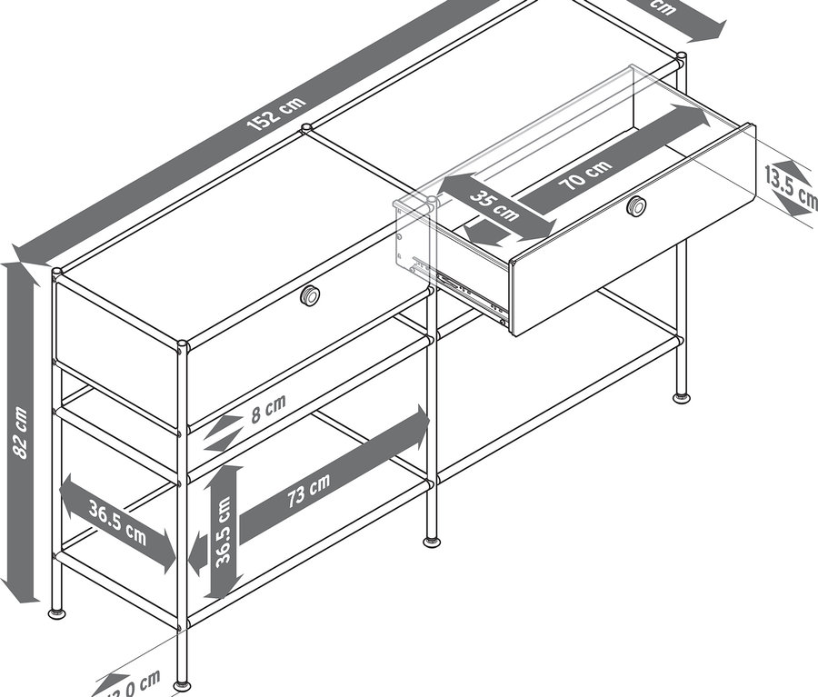 Nákres kovového konzolového stolku »CN3« se 2 zásuvkami zobrazuje rozměry.