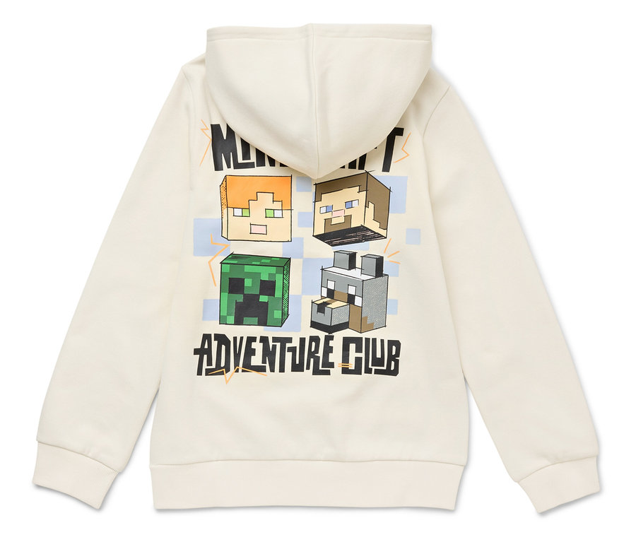 Pohled zezadu na krémovou mikinu s kapucí s postavami z Minecraftu a nápisem „Adventure Club“.