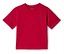 Červené tričko s malým zeleným logem fotbalisty na hrudi.
