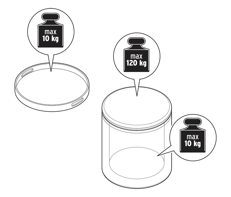 Ilustrace odkládacího stolku s podnosem a funkcí sedáku s údaji o hmotnosti.