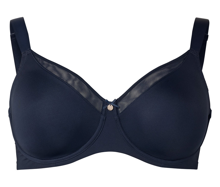 Tmavě modrá podprsenka s kosticemi a síťovanými detaily.