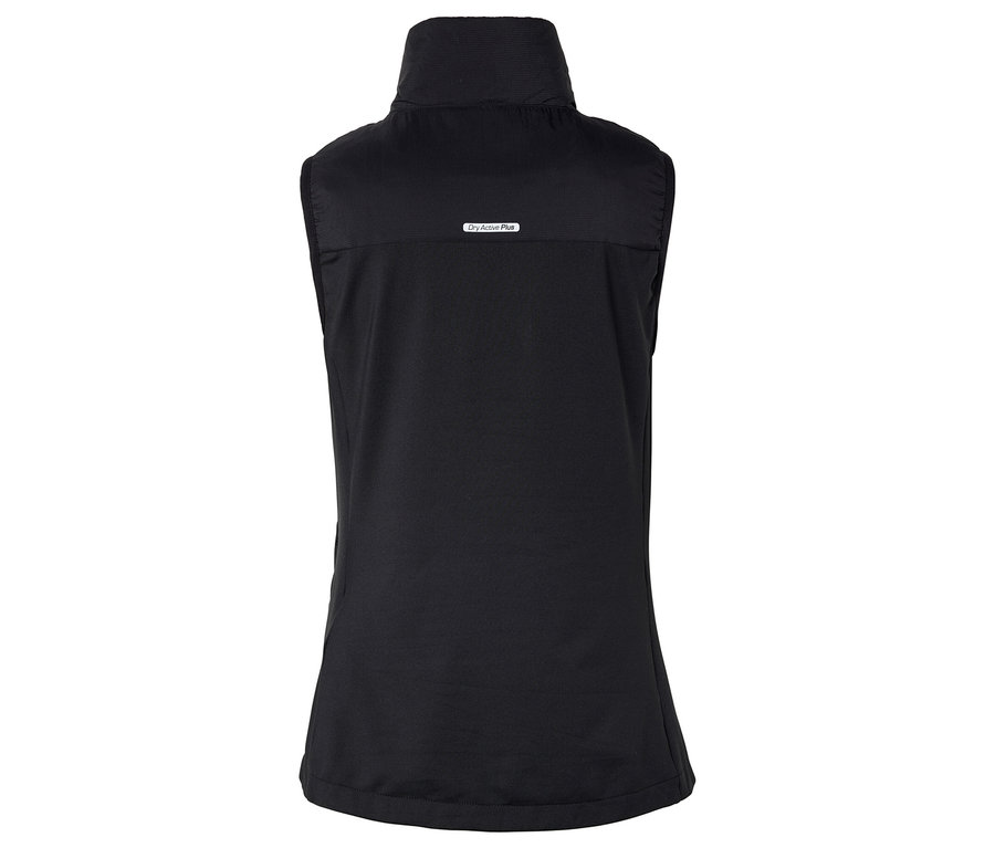 Černá vesta bez rukávů s vysokým límcem a zipem.