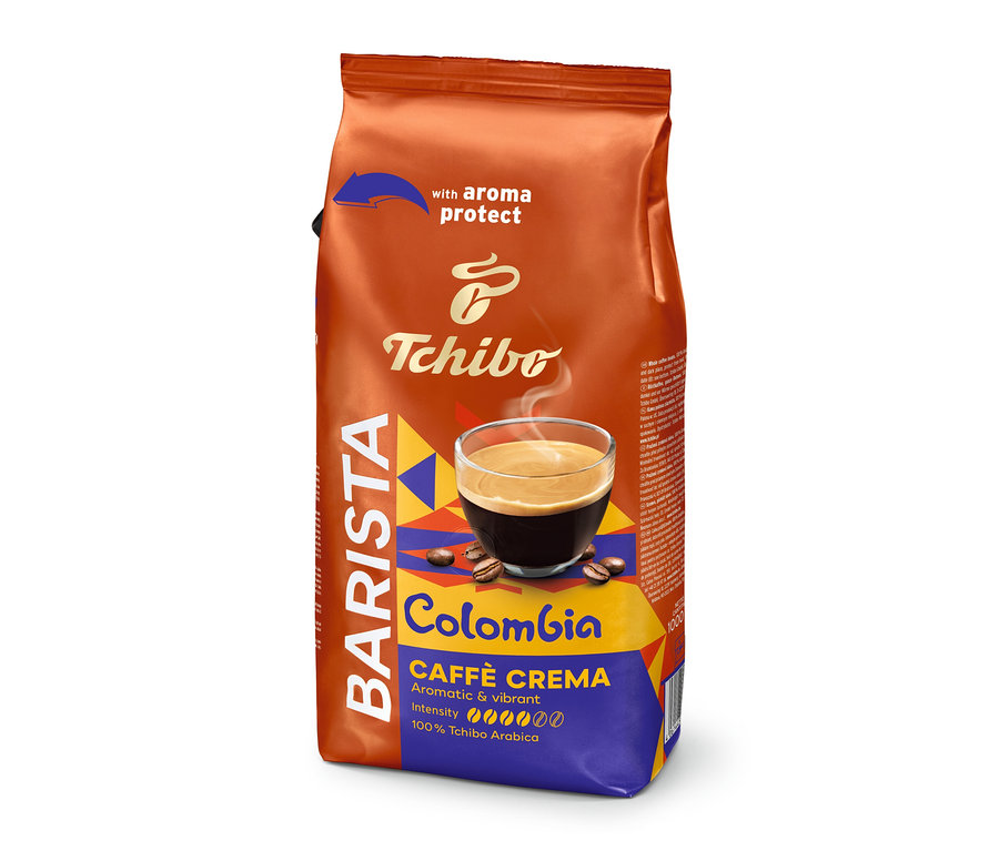 Svislý, hnědo-modrý sáček BARISTA Origins Colombia − 1 kg zrnkové kávy s šálkem kávy a kávovými zrny.